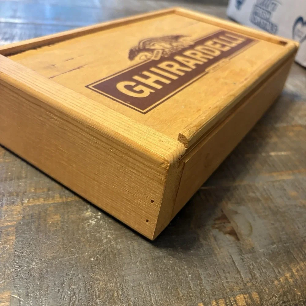 Vintage Ghirardelli Chocolate Wooden Box Slide Opening Pine Candy Logo